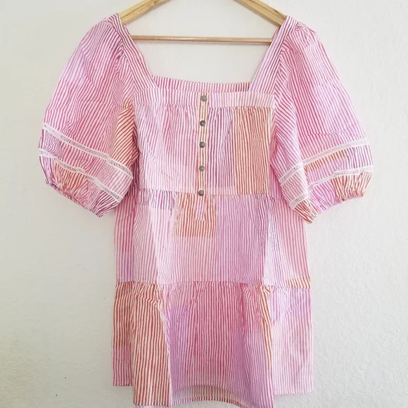 Anthropologie Gable Tiered Square Neck Puff Sleeve Pink Tunic Top Size S… - Picture 3 of 10